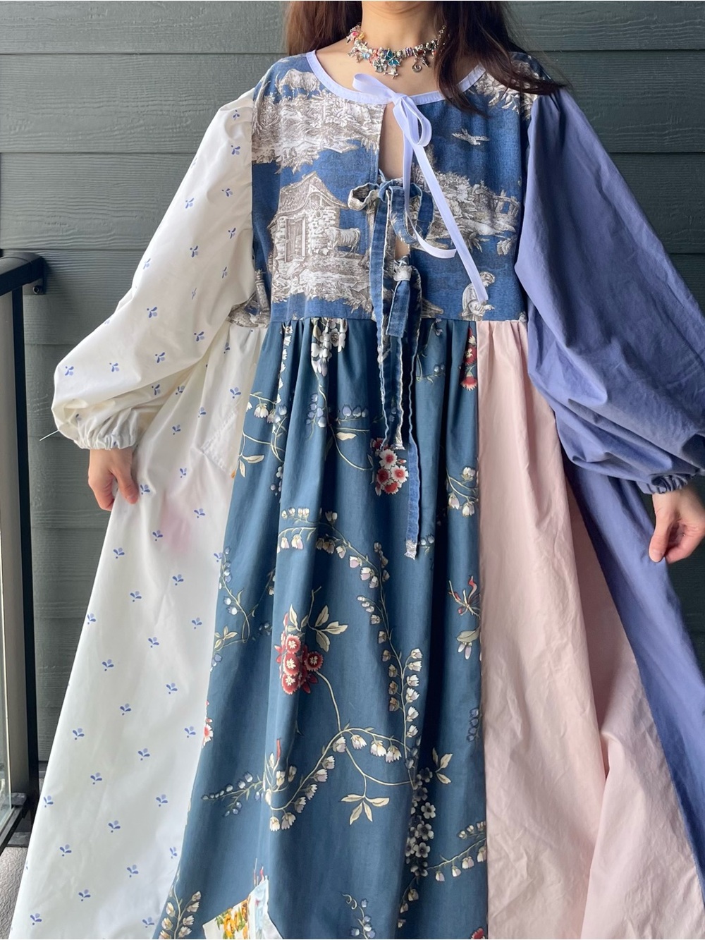 Le Telerie Toscane | Handmade Elegant Pastel Pastoral Toile Dress SKU 07213